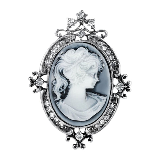 vintage queen victoria brooch oval cameo with rhinestones, portrait of Queen Victoria in the center