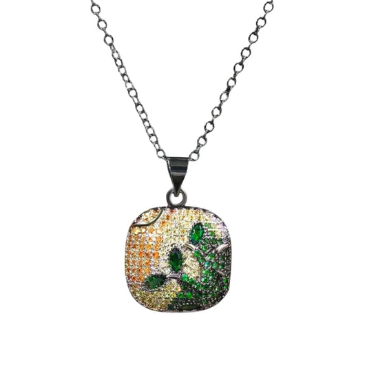 Part of our Zircon Inlaid 925s Silver Necklace line for women, this square pendant has green leaves and flowers